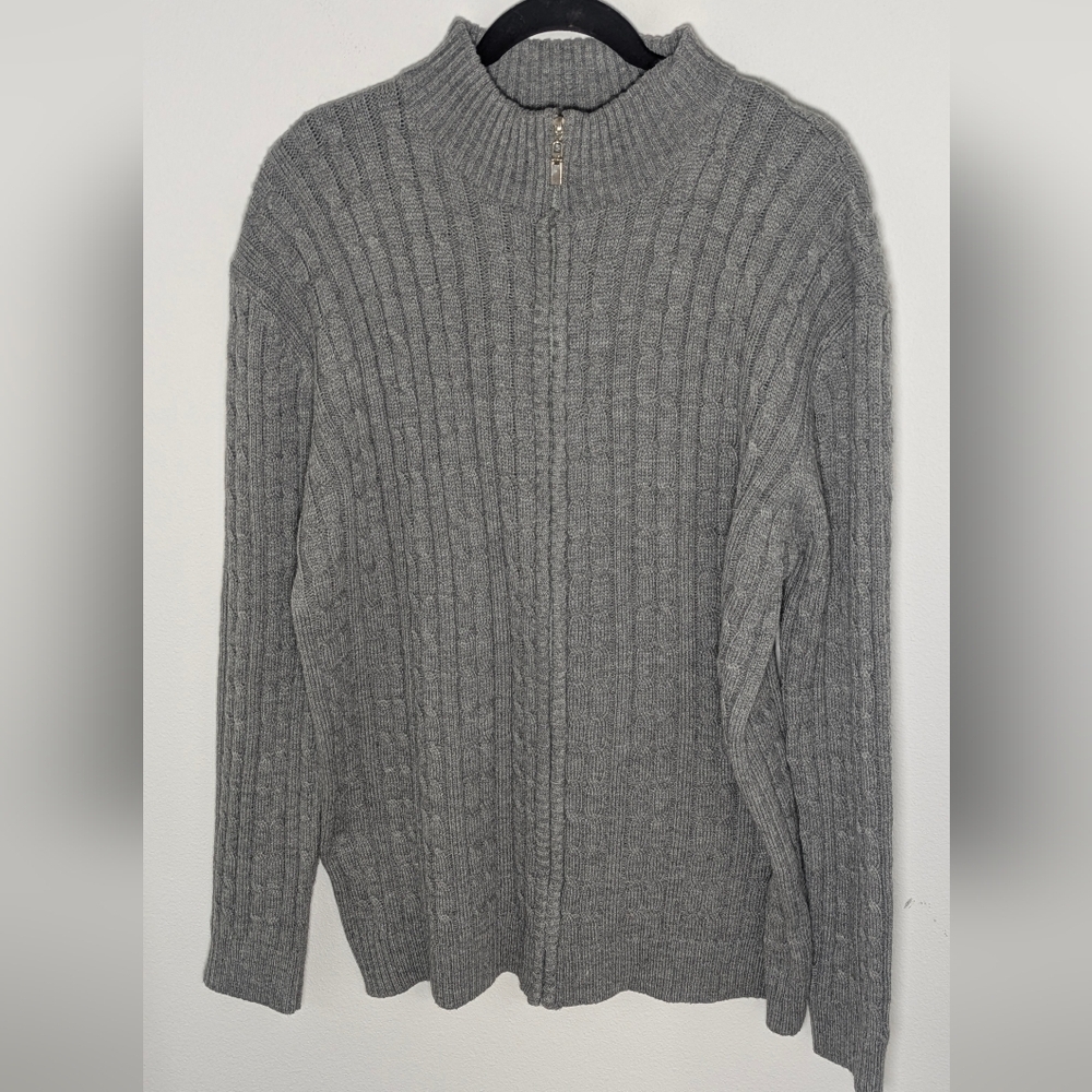 H2H Men's Full Zip Up Cable Knit Sweater Blouse Mock Neck Gray Size XL EUC